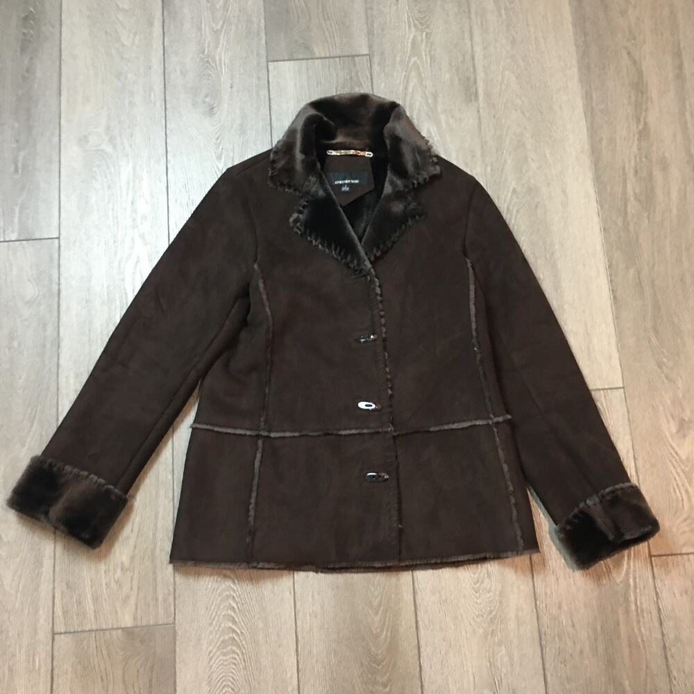 Jones New York Faux Fur Suede Long Sleeve Button Down Coat Size S